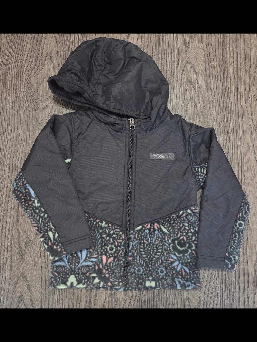 Columbia Black Hooded Jacket with Multicolor Floral Fleece Panels